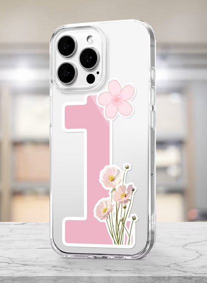 Clear silicone phone cover with pink number 1 and floral blossom design, soft feminine aesthetic print