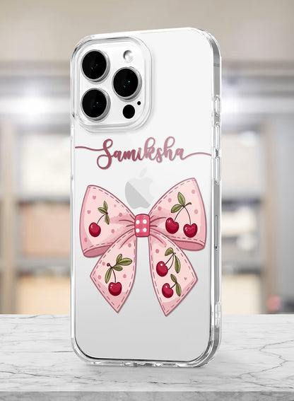 Pink Cherry Bow Printed Clear Silicone Back Cover
