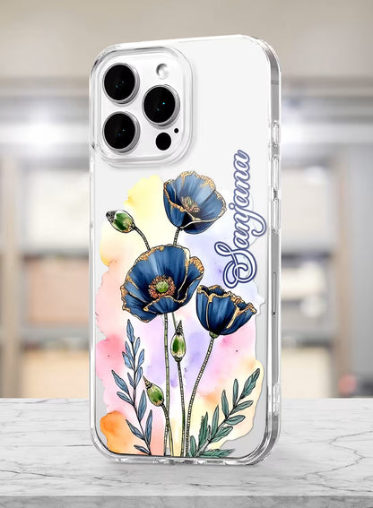 Custom name Sanjana printed on clear silicone phone cover with blue poppy watercolor floral design