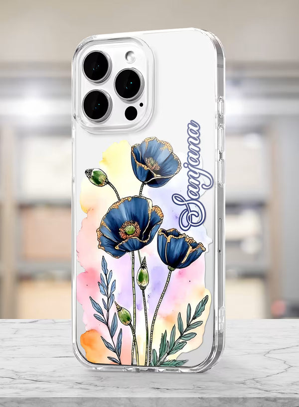 Custom Name Blue Poppy Floral Clear Silicone Phone Cover