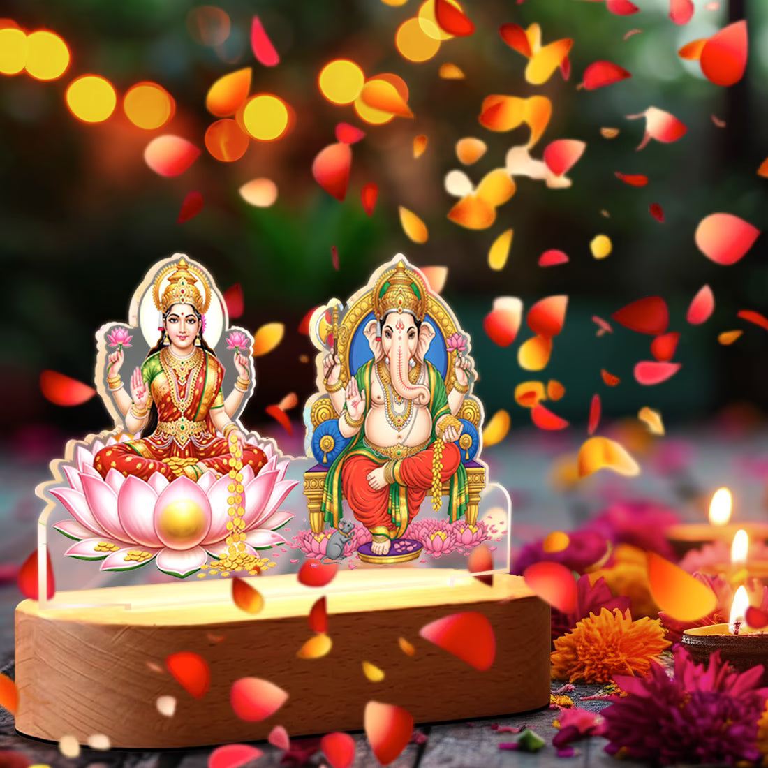 Lakshmi Ganesha acrylic LED lamp with rechargeable wireless wooden base and warm glow – Diwali pooja decor by Fashionury