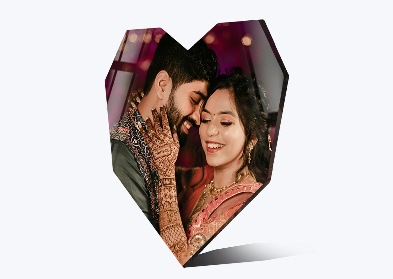 Personalized custom heart Acrylic wall photo frame plaque displaying vibrant colors and glossy look