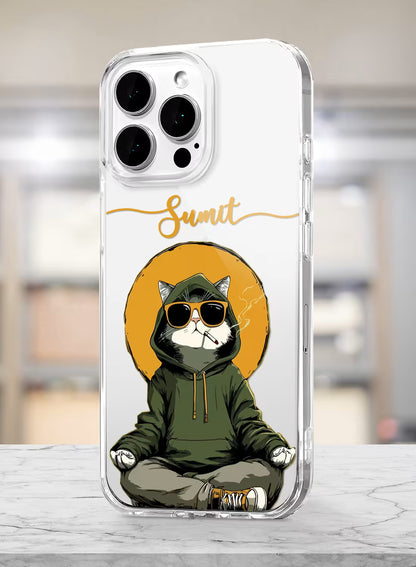 Custom clear silicone phone cover featuring a street art illustration of a cat wearing sunglasses and a green hoodie, sitting cross-legged and holding a smoking cigarette.