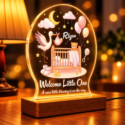 Welcome Little One personalized baby name acrylic LED night lamp with crib and stork design on wooden stand – Fashionury