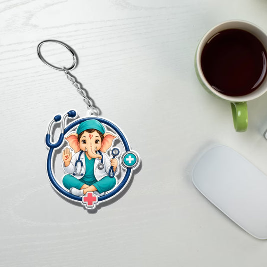 Doctor Ganesha acrylic keychain with stethoscope design and metal ring – gift for doctors by Fashionury