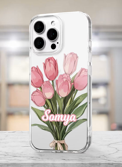 Custom clear silicone phone cover with pink tulip bouquet and personalized script name text design