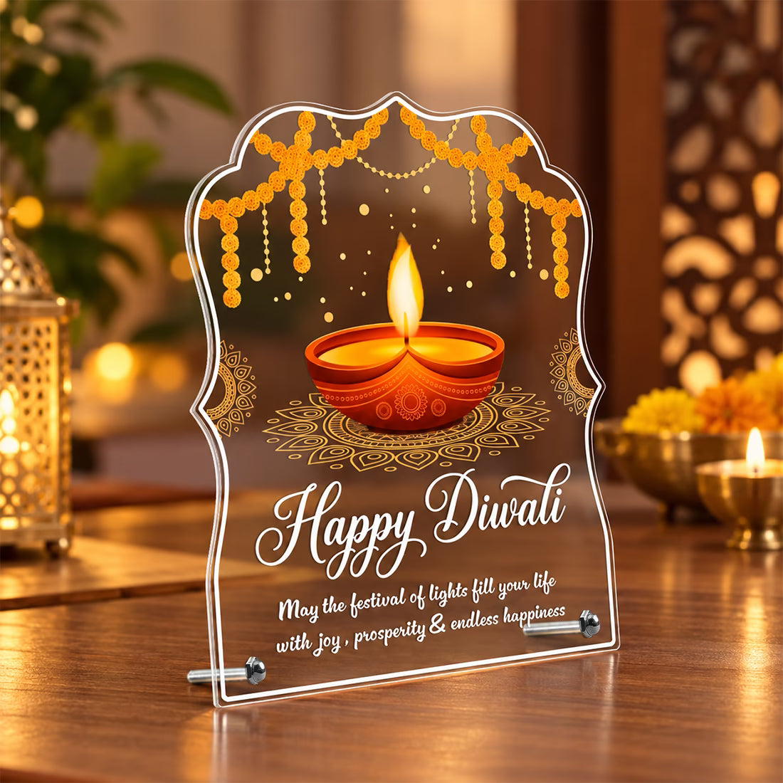 Happy Diwali acrylic tabletop frame with diya, marigold toran and mandala design on metal stand – Fashionury