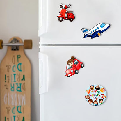 Children's Day vehicle theme MDF fridge magnet set of 4 with scooter, aeroplane and car designs – Fashionury