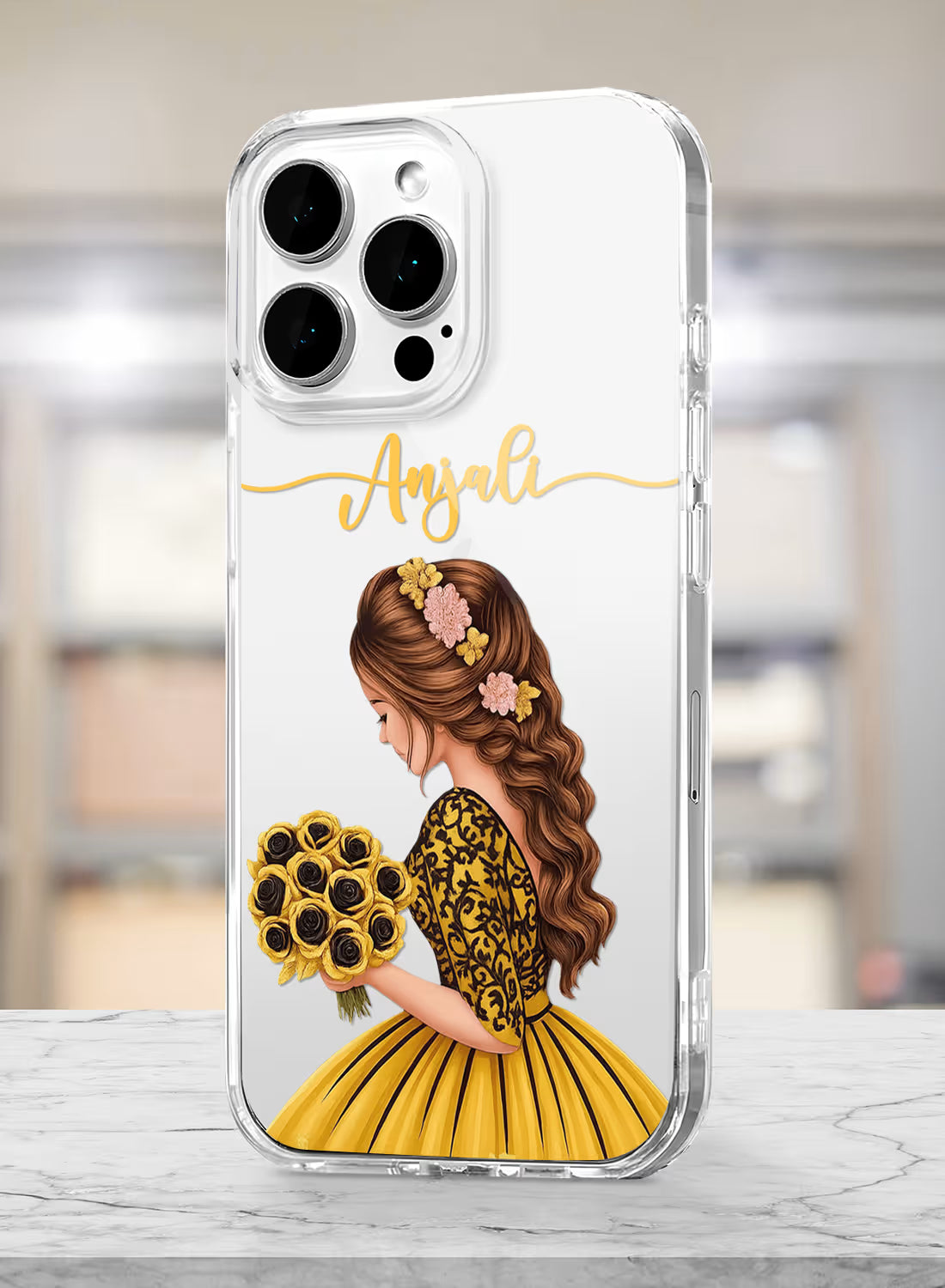 Custom UV-printed clear silicone phone cover with girl in yellow gown holding rose bouquet and script name text
