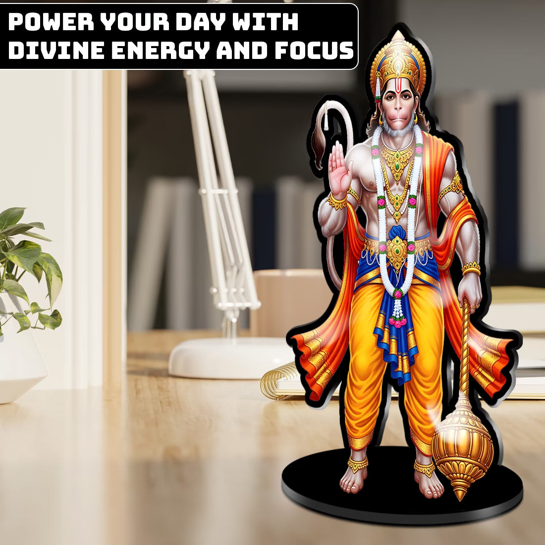 Lord Hanuman acrylic standee in blessing pose with gada and garland on black base – Fashionury