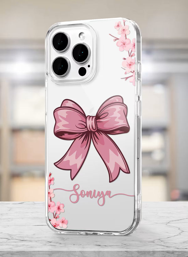 Cute Pink Bow & Floral Printed Clear Silicone Back Cover
