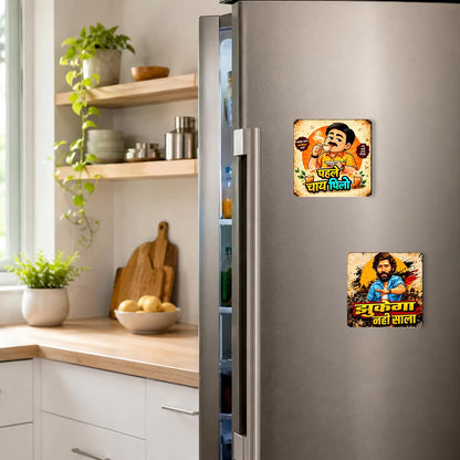Funny desi MDF fridge magnet set of 2 with Pehle Chai Pilo and Jhukega Nahi Saala Hindi quotes – Fashionury
