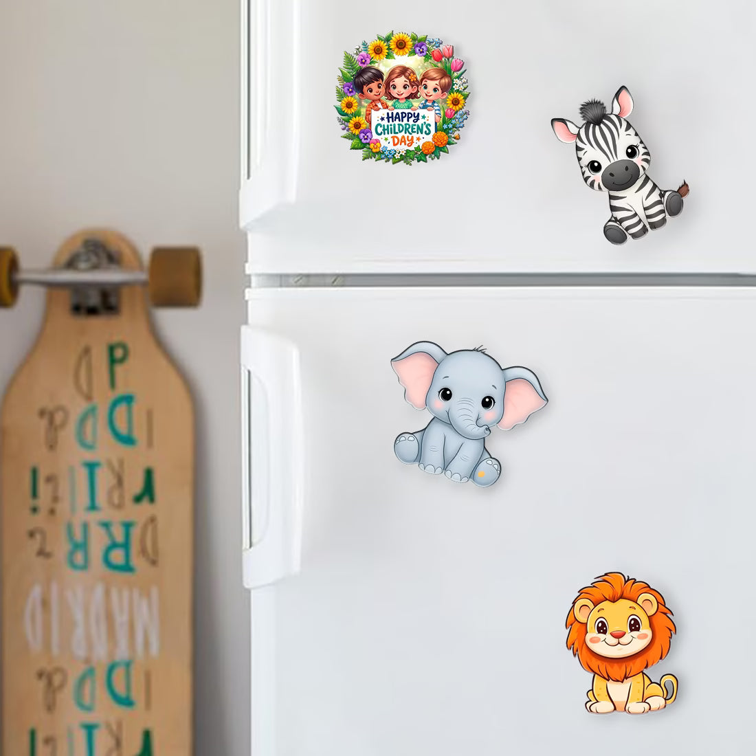 Children's Day jungle animal MDF fridge magnet set of 4 with zebra, lion and elephant designs – Fashionury