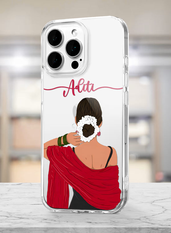 Custom Name Red Saree Girl Clear Silicone Phone Cover Case