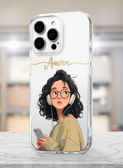 Cute Girl with Headphones Printed Clear Silicone Back Cover