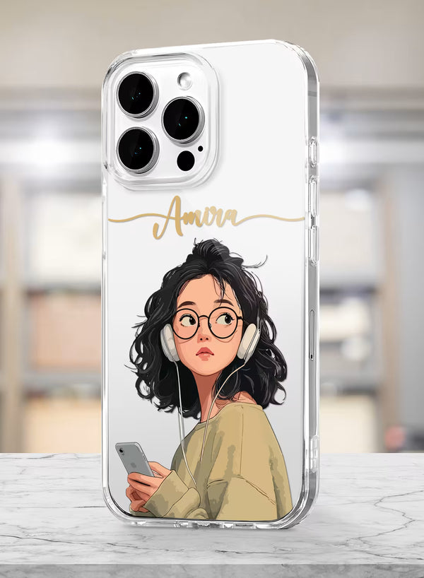 Cute Girl with Headphones Printed Clear Silicone Back Cover