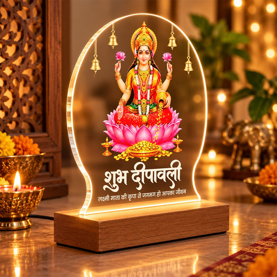 Shubh Deepavali Maa Lakshmi acrylic LED table lamp with lotus and temple bells design on warm glow wooden stand – Fashionury