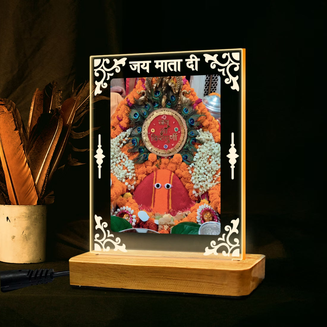 Maa Chintpurni darbar acrylic LED table lamp with Jai Mata Di design and warm glow on wooden stand – Fashionury