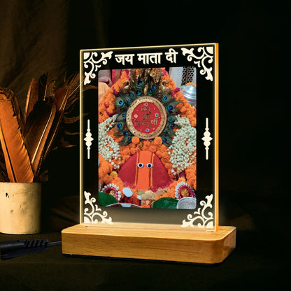 Maa Chintpurni darbar acrylic LED table lamp with Jai Mata Di design and warm glow on wooden stand – Fashionury