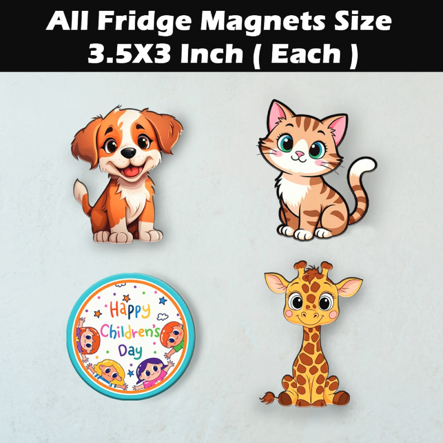 Happy Children's Day MDF fridge magnet set of 4 with puppy, kitty and giraffe cartoon designs – Fashionury