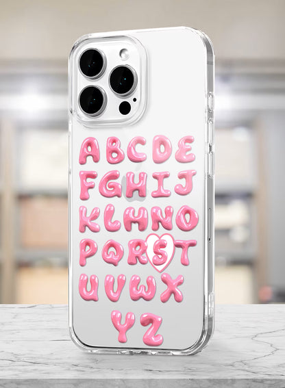 Custom clear silicone phone cover with pink bubble-letter alphabet text design, personalized name print