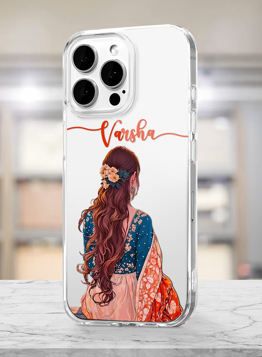 Custom name Varsha printed on clear silicone phone cover with floral hair ethnic girl design