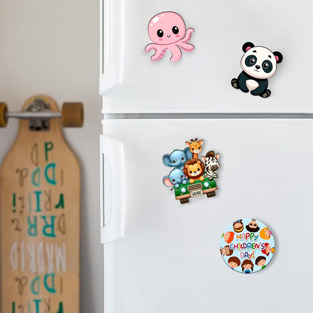 Children's Day safari animal MDF fridge magnet set of 4 with octopus, panda and safari jeep designs – Fashionury