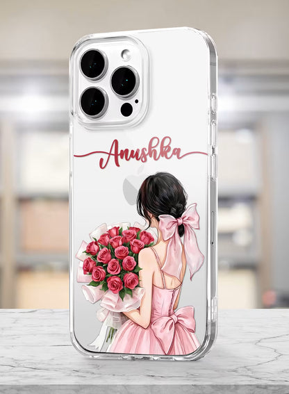 Custom name Anushka printed on clear silicone phone cover with pink rose bouquet girl design