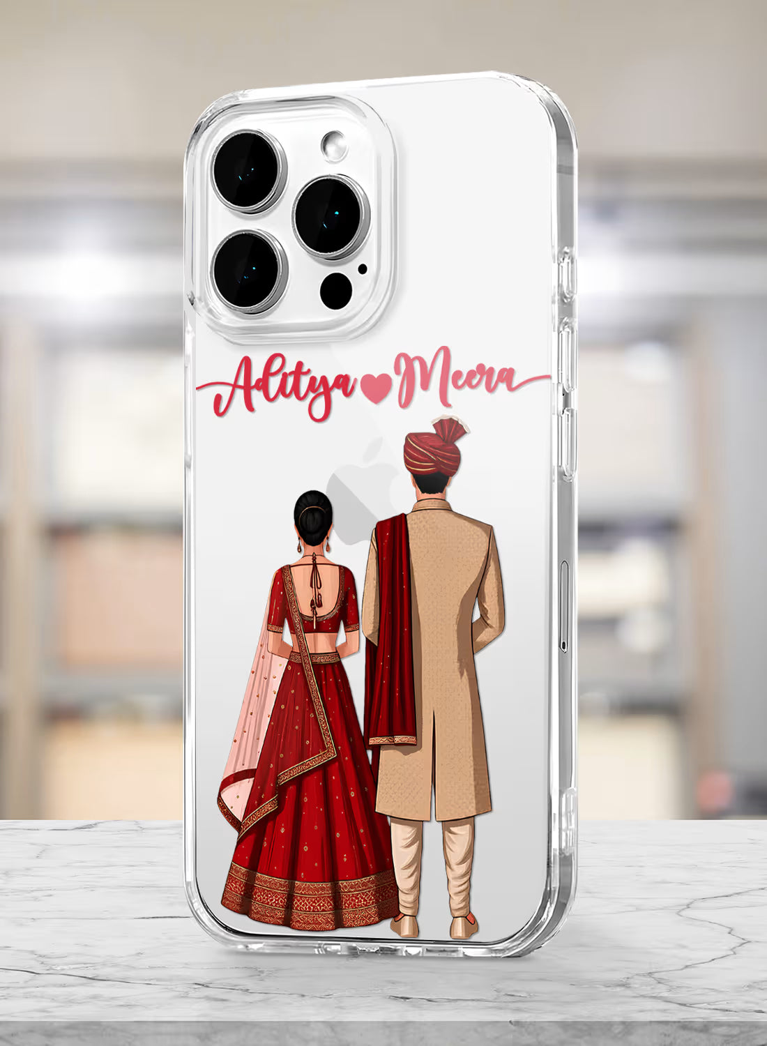 Custom UV-printed clear silicone phone cover with Indian bride and groom wedding couple and script couple names