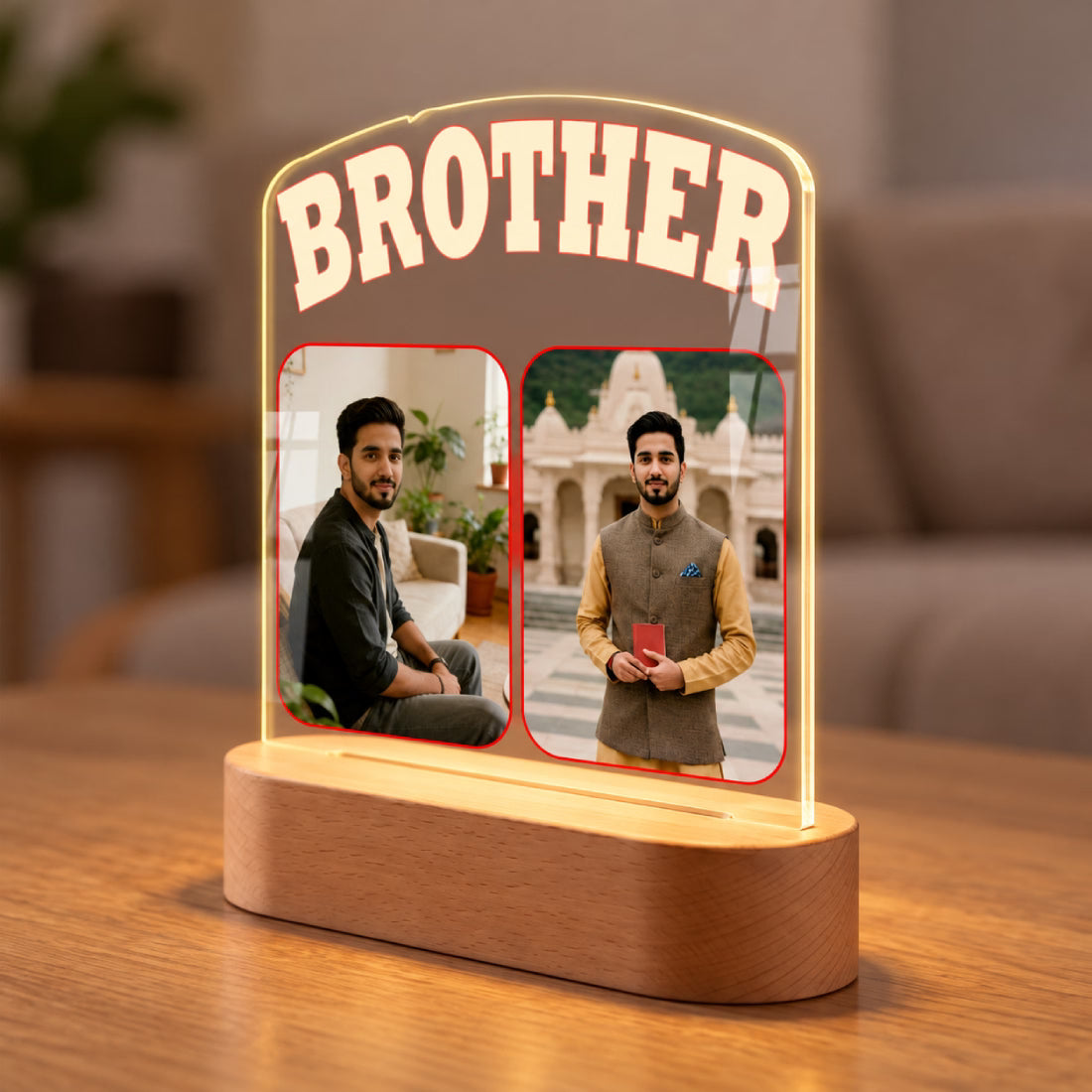 Personalized Brother acrylic LED table lamp with custom 2 photo print and warm glow wooden base – Fashionury