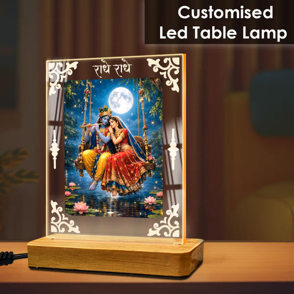 Shree Radha-Krishna Acrylic Led Lamp - Wooden Stand D4