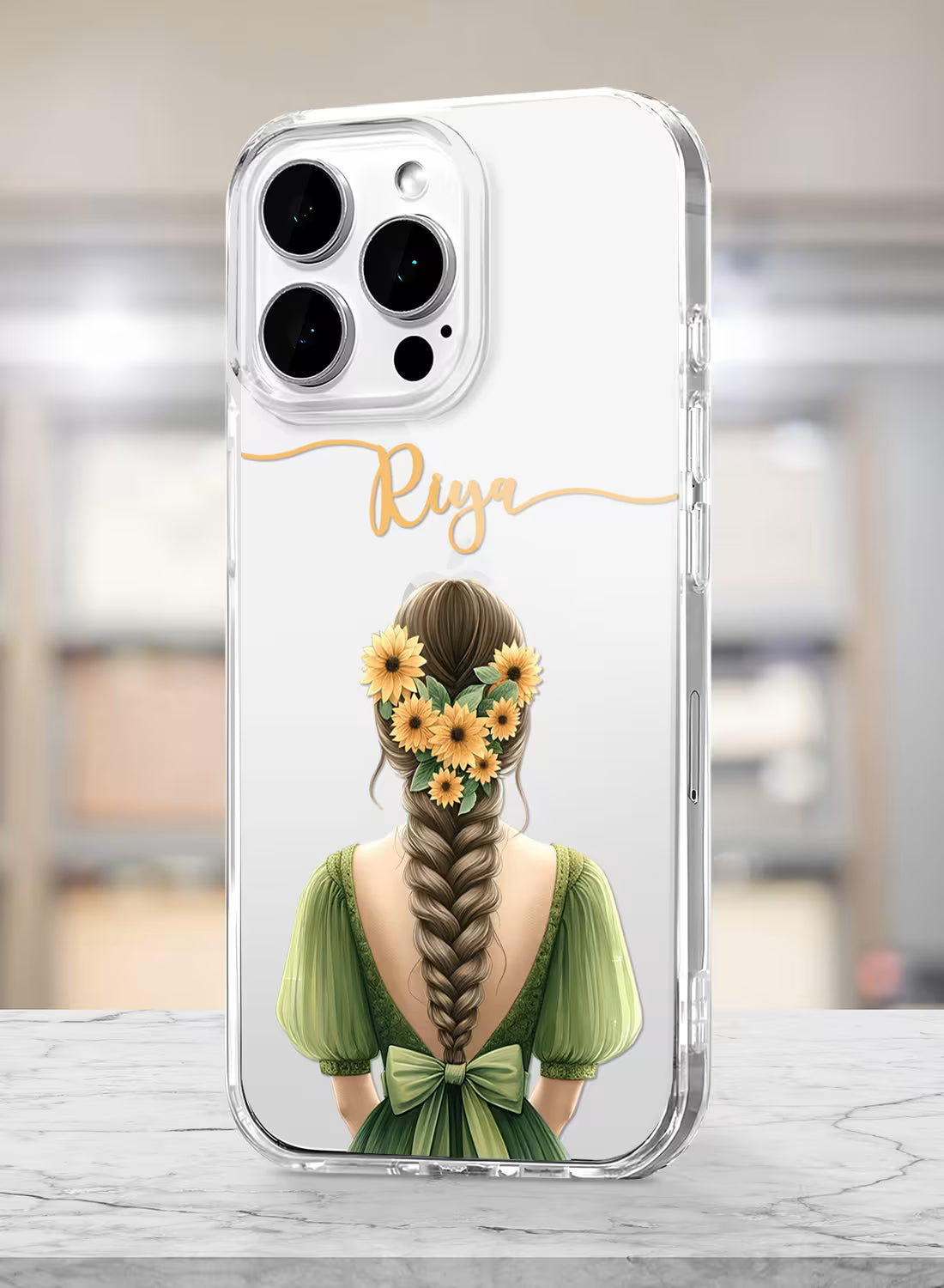 Custom UV-printed clear silicone phone cover with girl in green dress, sunflower braid and script name text design