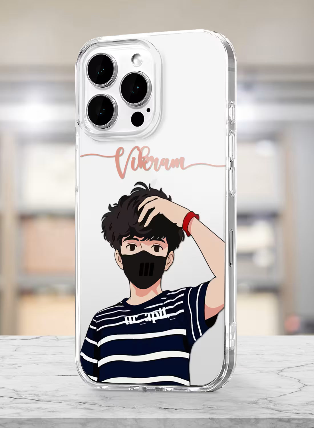 Custom UV-printed clear silicone phone cover with cool anime boy in black mask, striped tee and script name text

