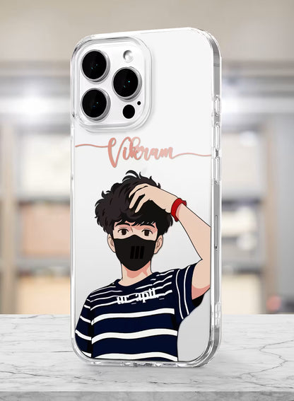 Custom UV-printed clear silicone phone cover with cool anime boy in black mask, striped tee and script name text
