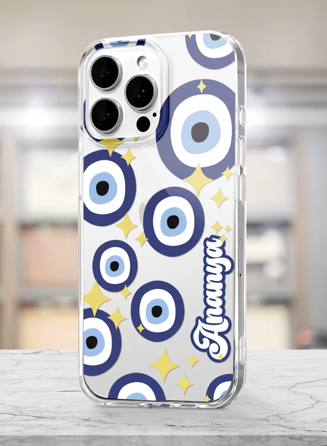 Custom name Ananya printed on clear silicone phone cover with blue evil eye pattern design
