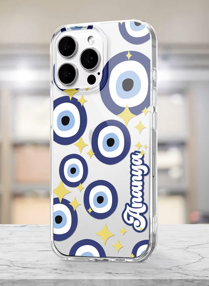 Custom name Ananya printed on clear silicone phone cover with blue evil eye pattern design