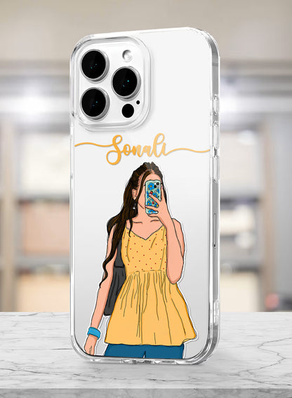 Custom name Sonali printed on clear silicone phone cover with mirror selfie girl design