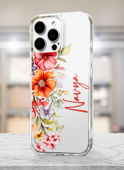Custom name Navya printed on clear silicone phone cover with watercolor floral bouquet design
