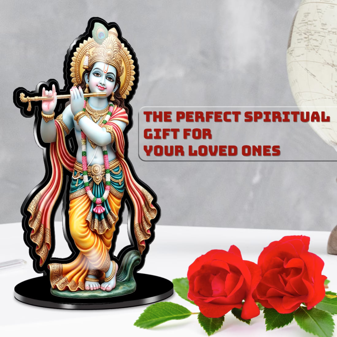 Standing Lord Krishna acrylic standee playing flute with peacock mukut on black base – Fashionury