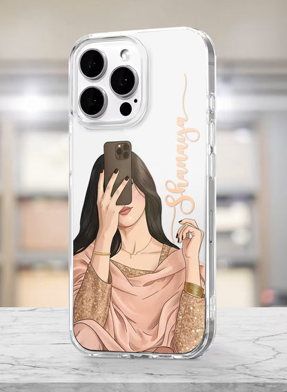 Selfie Girl custom name silicone mobile cover with ethnic aesthetic illustration