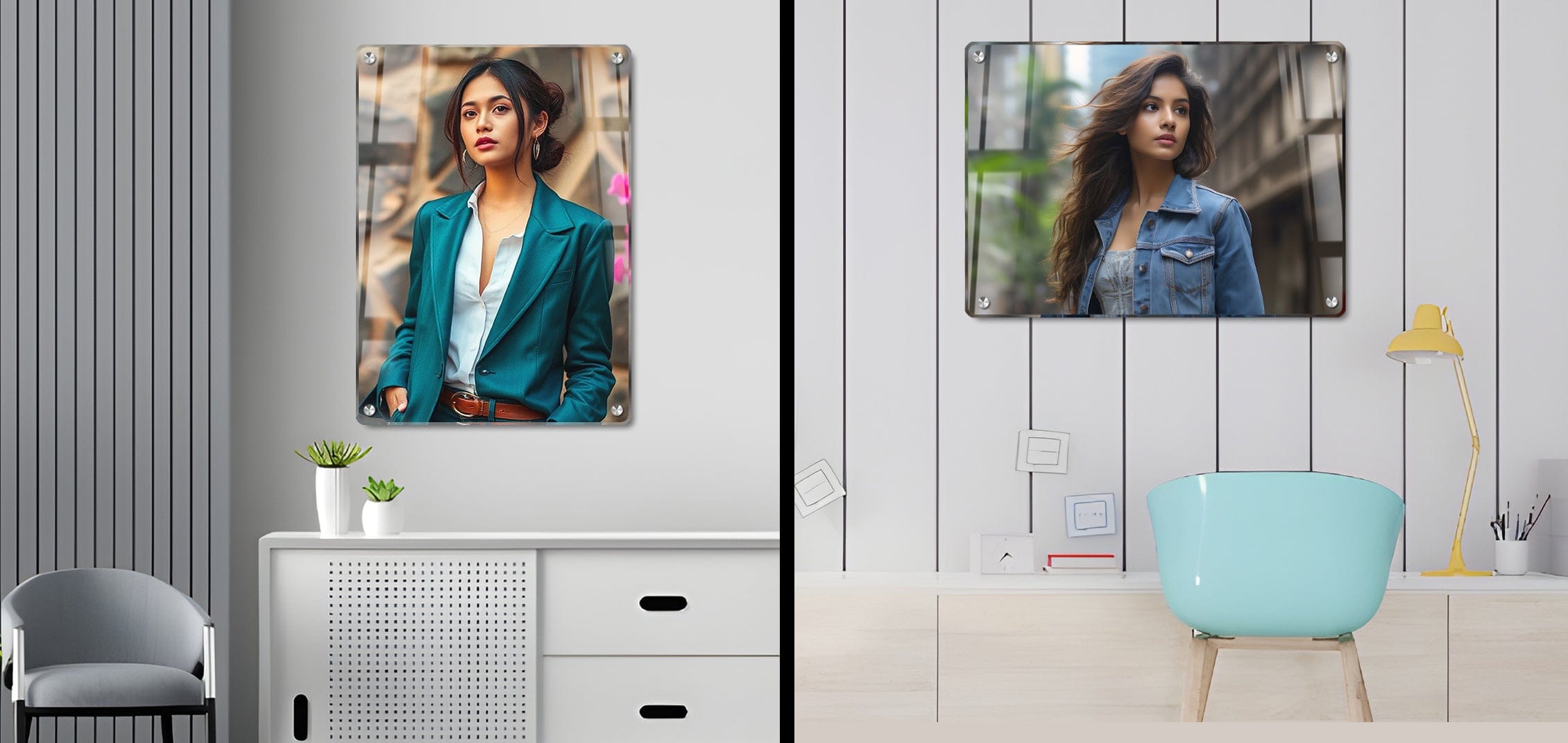 Modern acrylic custom wall photo frames mounted on living room and office walls for home decor