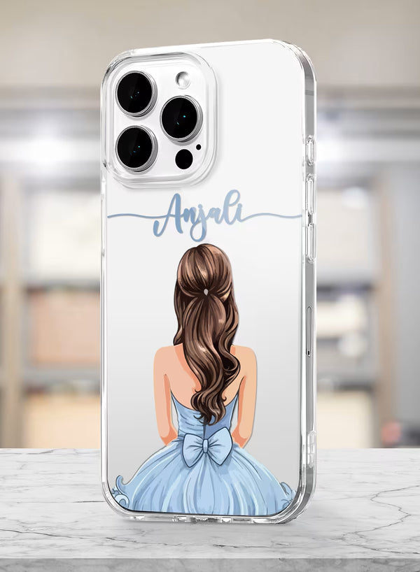 Custom Name Blue Dress Girl Clear Silicone Phone Cover