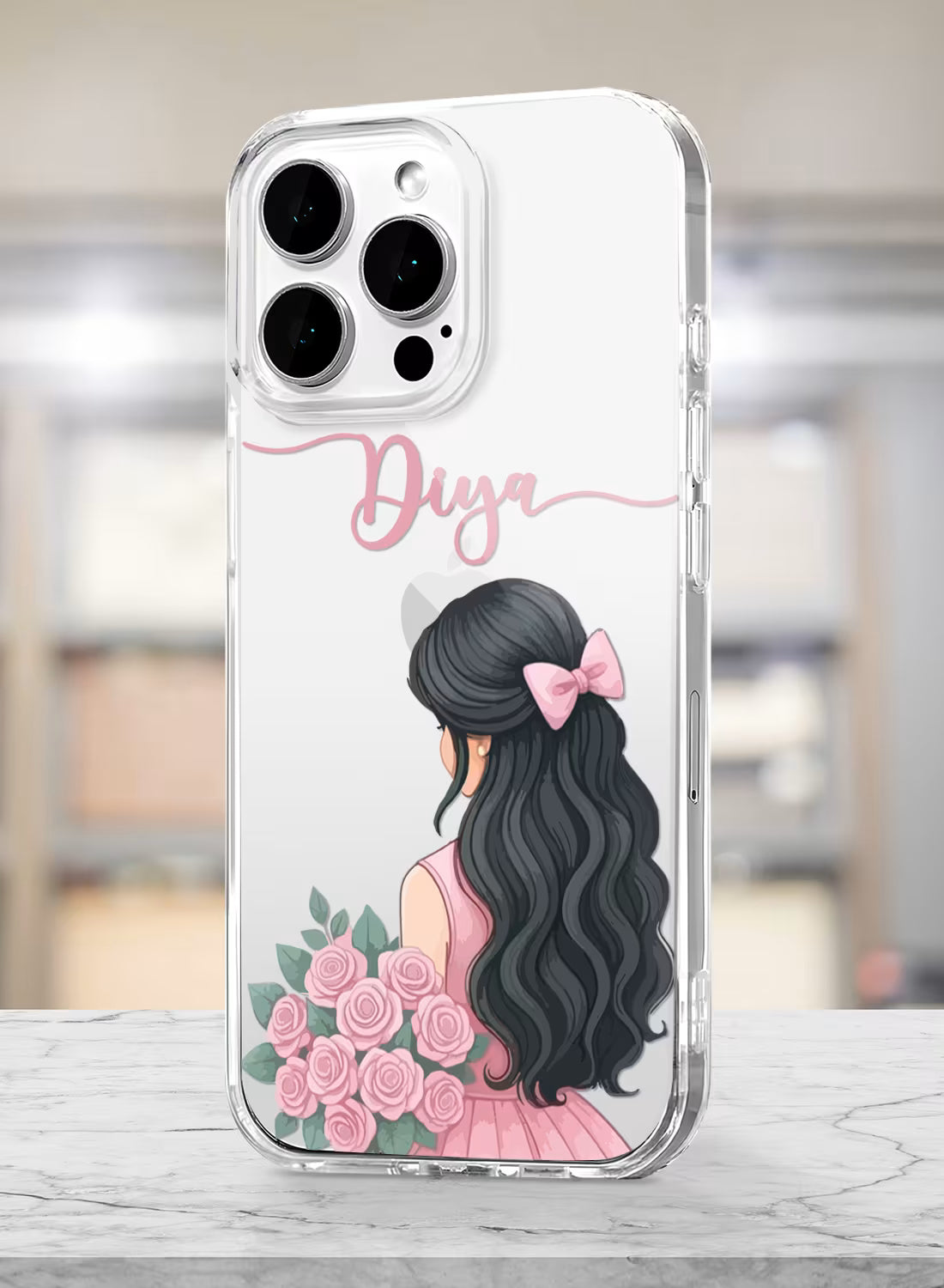 Custom UV-printed clear silicone phone cover with girl in pink dress holding rose bouquet and script name text
