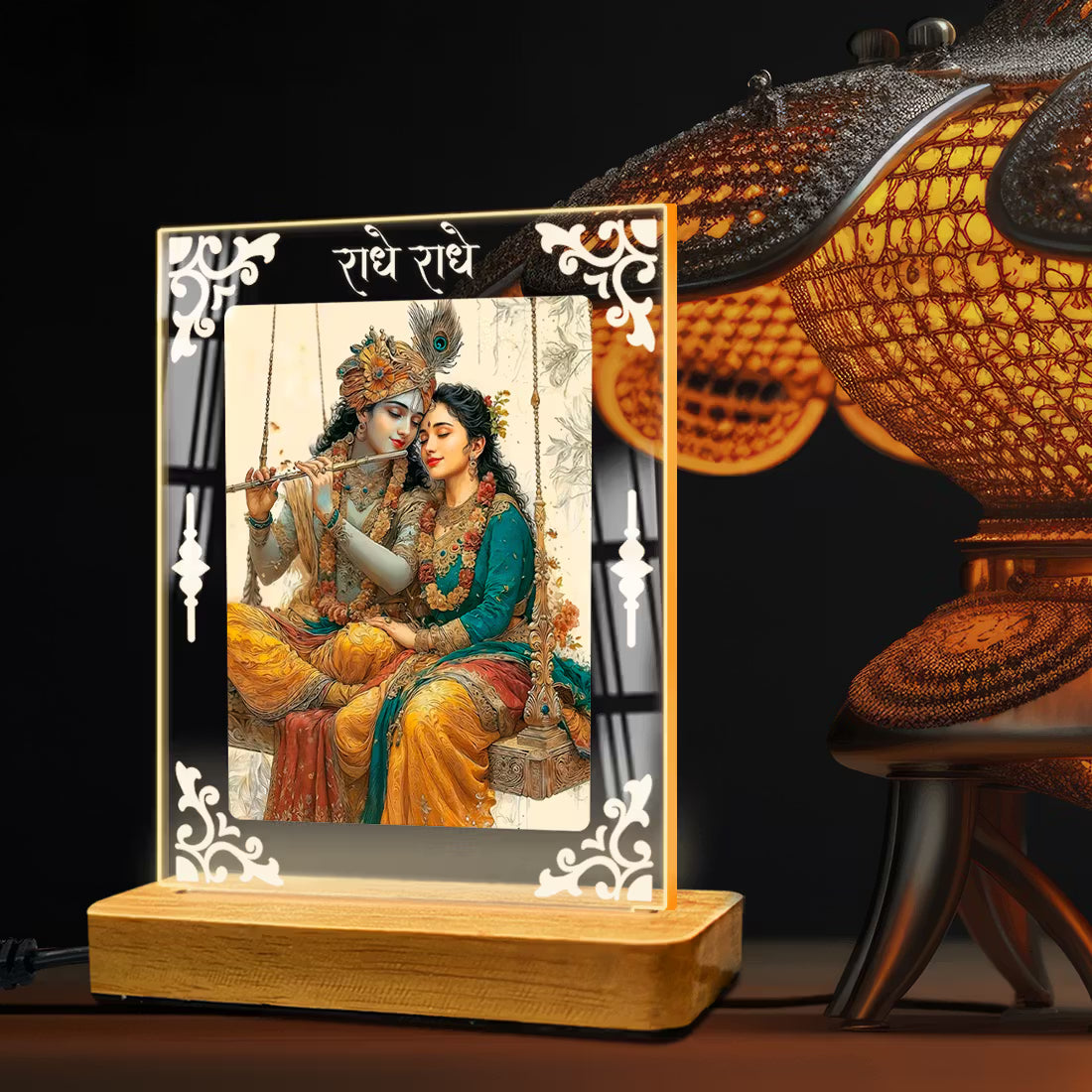 Buy Online Fashionury Acrylic Spiritual Lamp Shree Radha-Krishna Acrylic Led Lamp - Wooden Stand D2