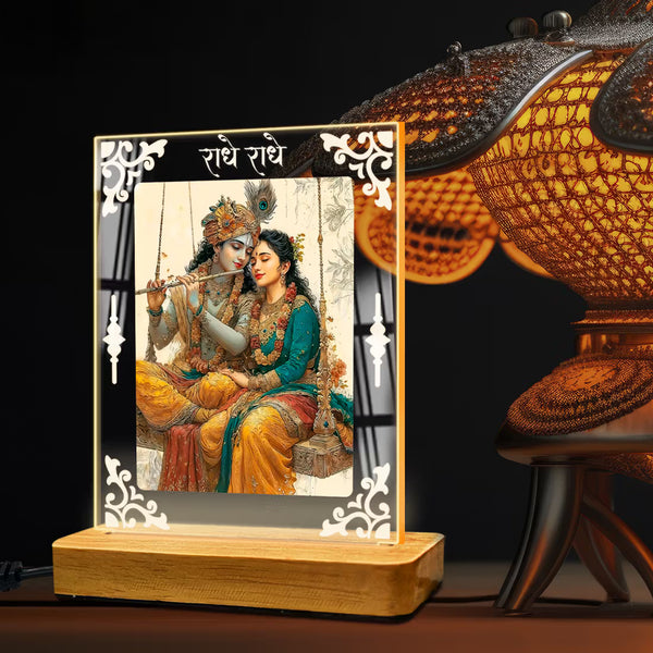 Shree Radha-Krishna Acrylic Led Lamp - Wooden Stand D2