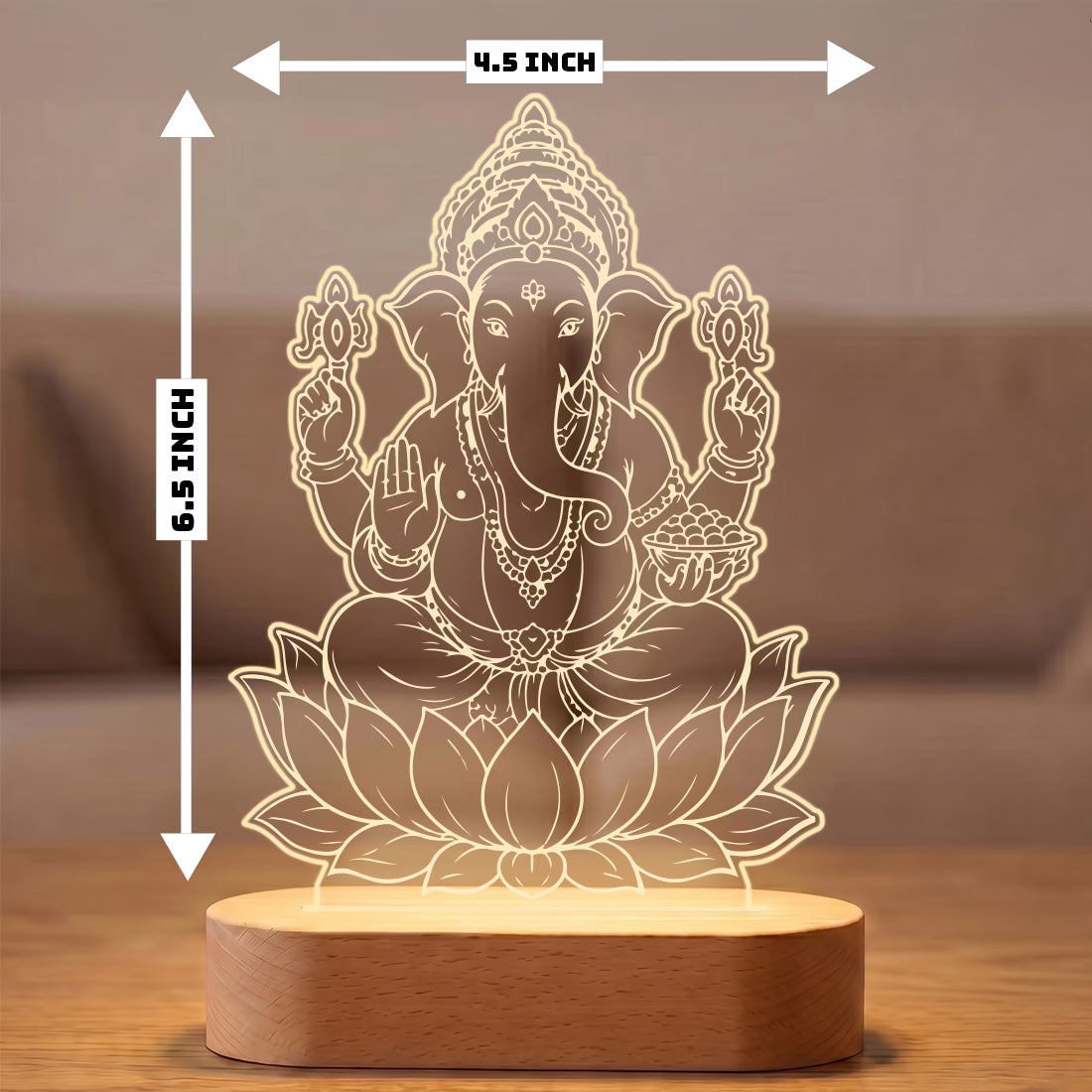 Lord Ganesha on lotus UV printed acrylic LED lamp with warm glow and rechargeable wireless wooden base – Fashionury