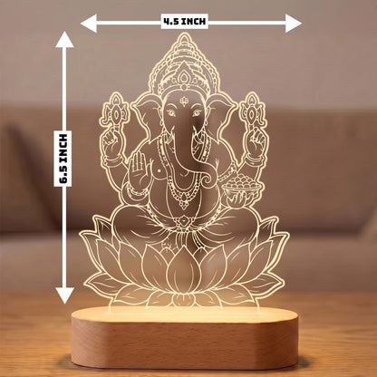 Lord Ganesha on lotus UV printed acrylic LED lamp with warm glow and rechargeable wireless wooden base – Fashionury