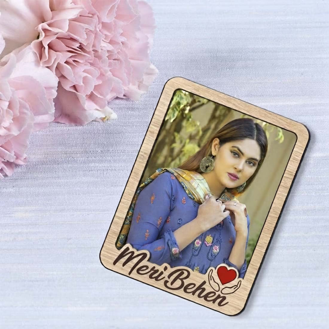 Meri Bhen custom photo wooden fridge magnet with script and red heart accent