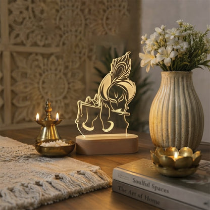 Krishna flute 3D engraved acrylic LED lamp with warm glow and rechargeable wireless wooden base – Fashionury