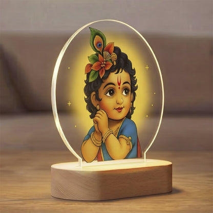 Bal Gopal Little Krishna acrylic LED night lamp with rechargeable wireless wooden base – Janmashtami gift by Fashionury